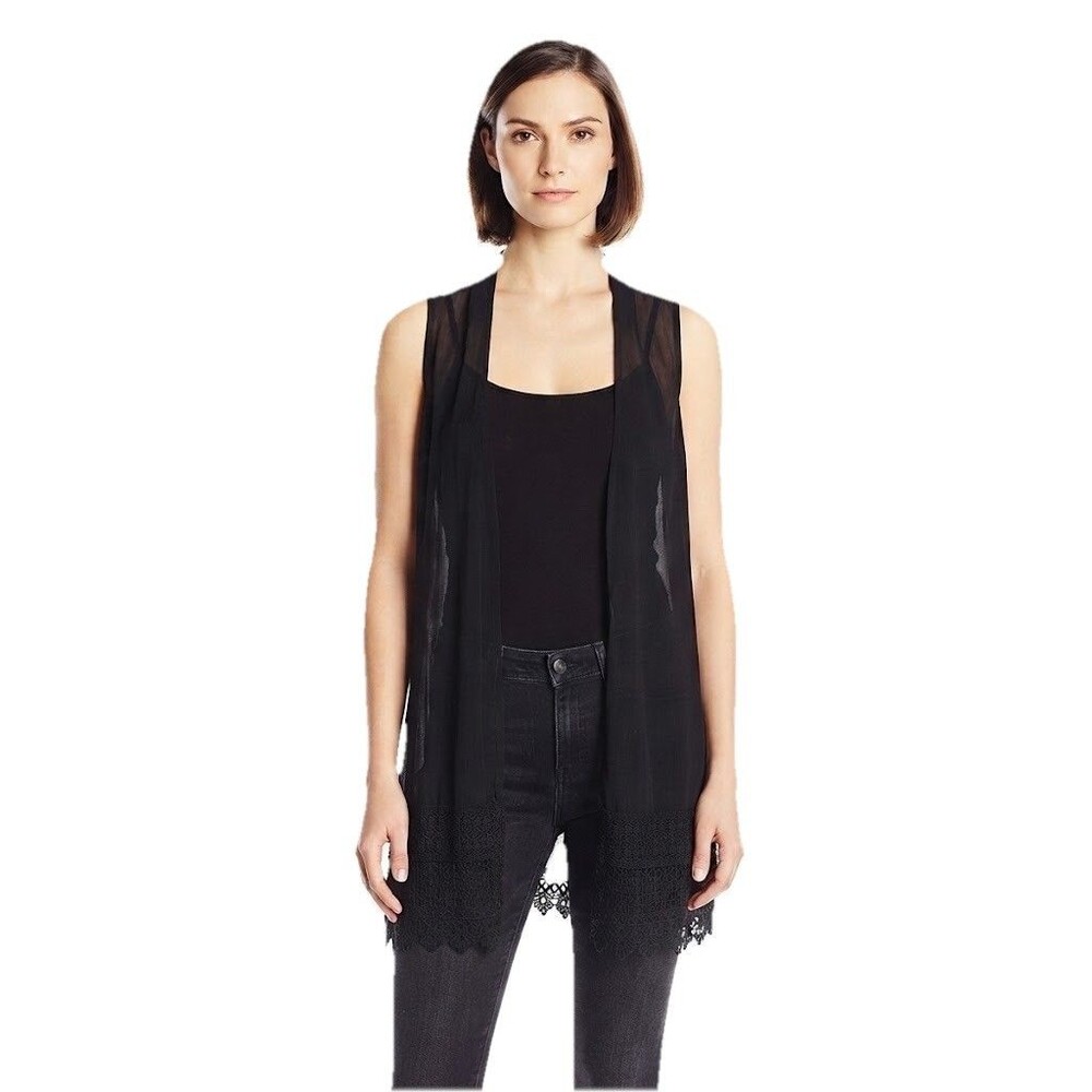 AB Studio Black Sheer Lightweight Lace Sleeveless Open Front Long Vest Size S